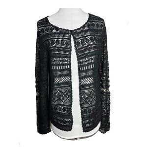 Kate Hill | Black Linen Blend Crochet Open Front Cardigan Lightweight Sweater, M